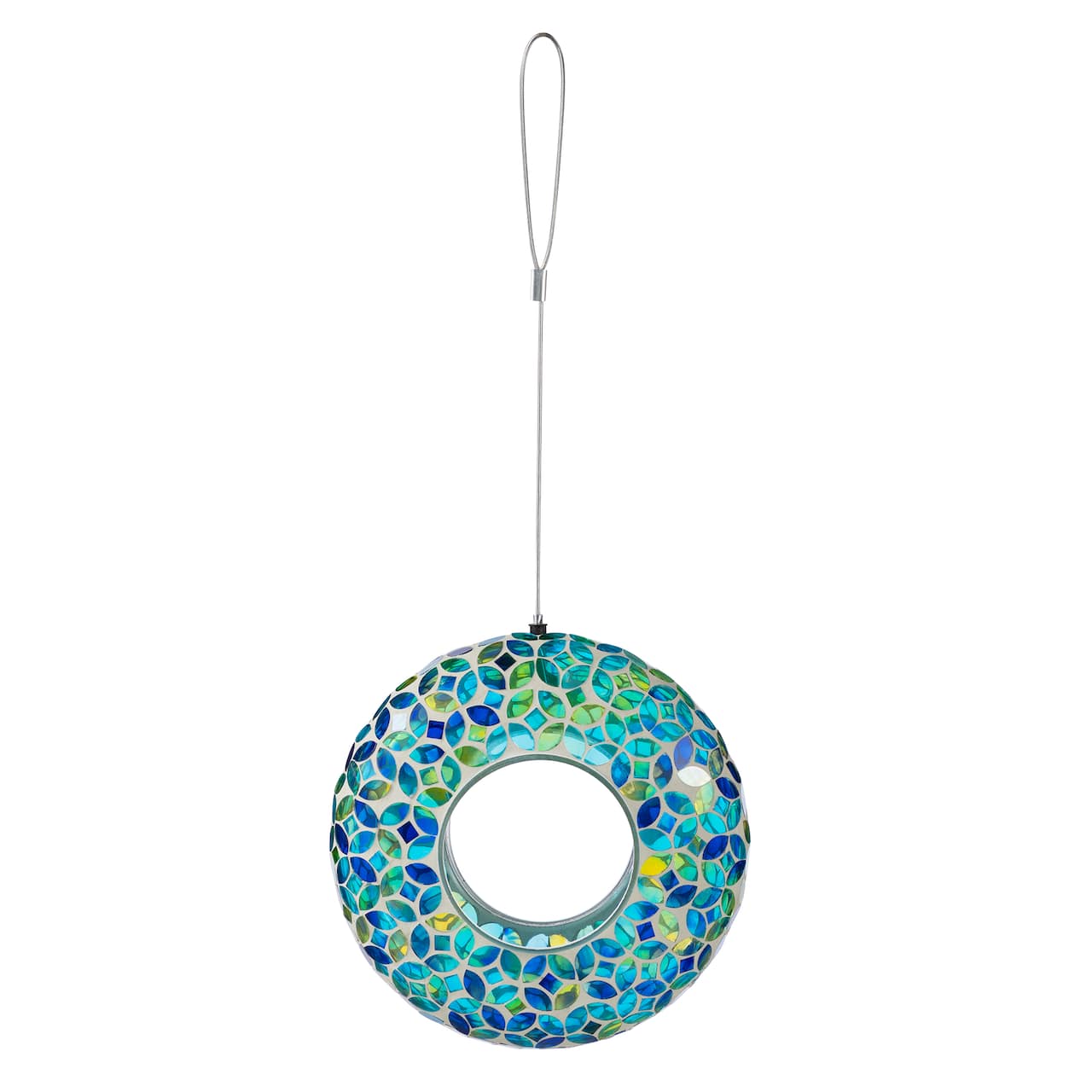 Glitzhome® 8" Glass Round Hanging Blue & Green Mosaic Birdfeeder